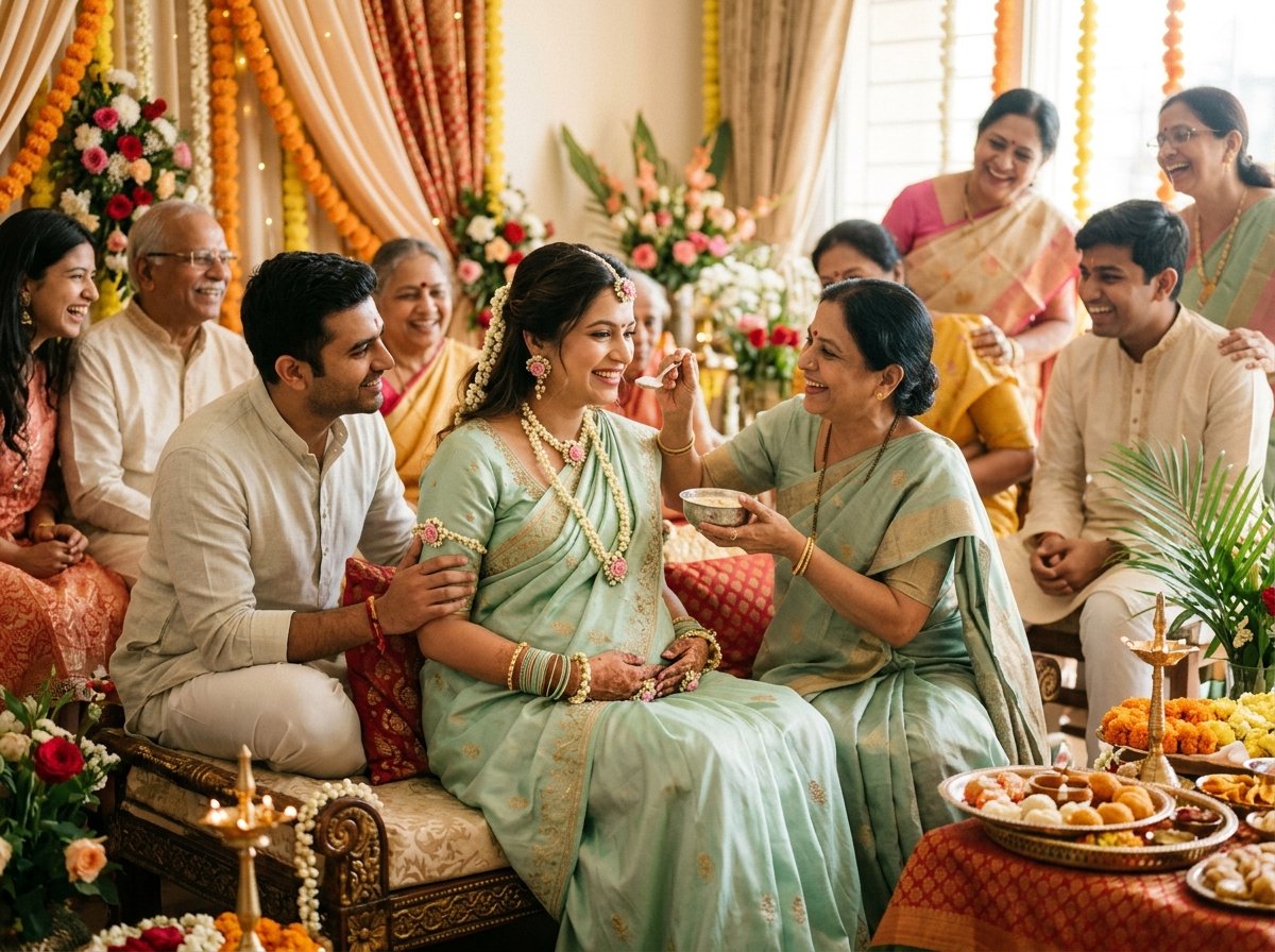 Radiant mother during Godh Bharai ceremony in Jaipur